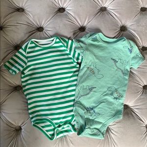 Green onesies - stripes and dinosaurs (6-9 months)